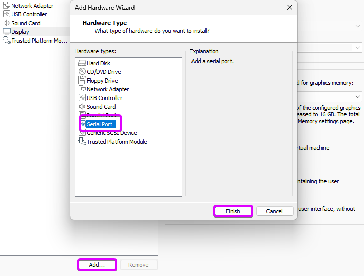 Create Serial Port device inside VMware